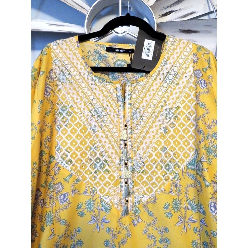 Khaadi NWT Yellow Embroidered Floral Kurta Tunic Sz 18 Tassel Neck Cotton Blend